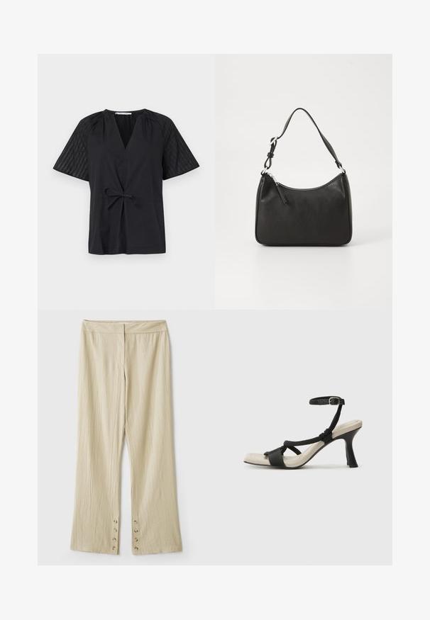 Black top with a V-neck, short sleeves, and a tie waist. Features textured, patterned fabric on the sleeves and a smooth body.; Beige wide-leg pants with a textured fabric. Features a flat waistband and five buttons at the hem for closure. Creased design.; Black heeled sandal with braided strap design, square toe, and adjustable ankle strap. Light beige footbed with a glossy black heel.; Black leather handbag with a curved shape, a single strap, zip closure, and subtle branding on the front. Smooth texture, minimalist design.