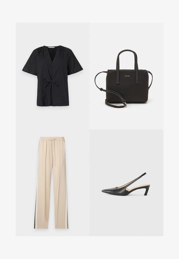 Juodas viršus su V formos iškirpte, trumpomis rankovėmis ir raišteliu juosmenyje. Rankovėse yra tekstūruotas, raštuotas audinys, o kūnas yra lygus.; Bežinės platėjančios kelnės su elastingu juosmeniu ir raišteliu, kiekvienoje kojoje su juodai baltais šoniniais dryžiais. Lygi audinio tekstūra.; Juodas smailus slingback batelis su žemu kulnu, pagamintas iš lygaus odos paviršiaus ir su išpjovomis šone, užtikrinančiomis oro pralaidumą.; Juoda rankinė su dviem trumpais rankenėlėmis ir nuimamu petį. Lygaus odos tipo medžiaga su užtrauktuku ir logotipo detale.