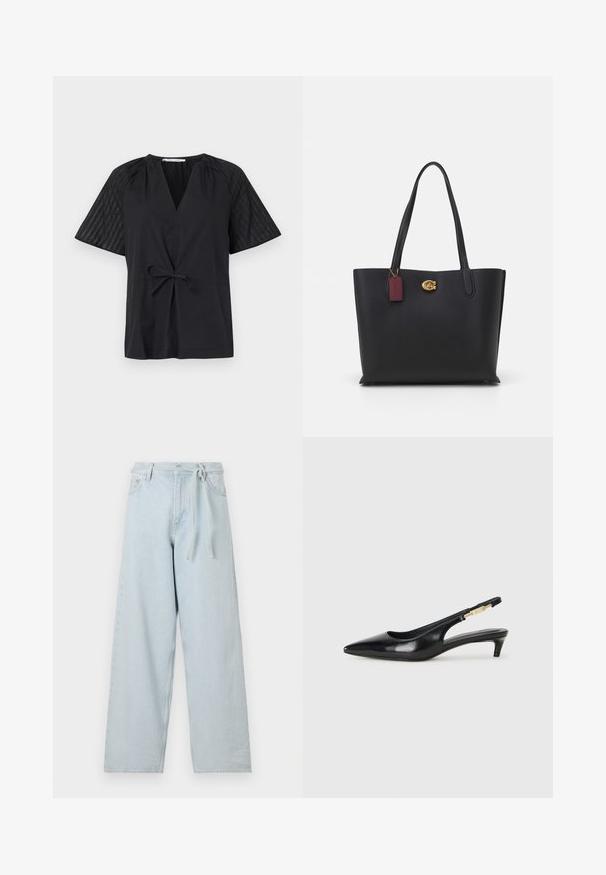 Svart topp med V-hals, korta ärmar och knytning i midjan. Har texturerad, mönstrad tyg på ärmarna och en slät kropp.; Ljusblå vida jeans i denim, med hög midja, bältesöglor och ett knytbälte. Söm detaljer synliga längs benens sidor.; Svart läder slingback-hälar med spetsig tå, med en smal klack och en guldtonad detalj på den justerbara remmen. Slät textur.; Svart läder toteväska med två långa handtag, texturerad yta, guldfärgad hårdvara och en burgundyröd etikett. Rymlig design med öppen topp.