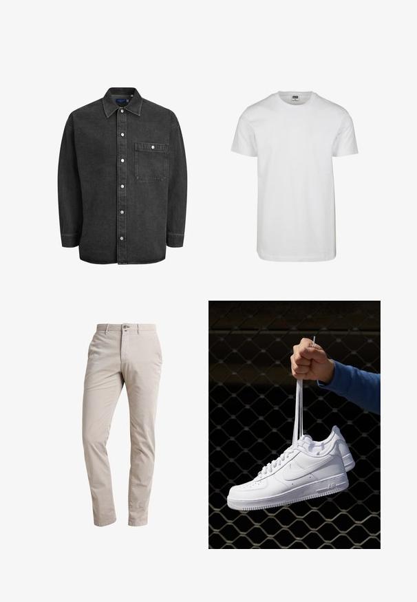 Chemise en denim noir à manches longues, col écarté, fermeture à boutons à l'avant et une poche poitrine. Dotée de boutons-pression en argent et d'une coupe décontractée.; T-shirt en coton blanc avec un décolleté rond, des manches courtes et une coupe décontractée. L'étiquette indique "URBAN CLASSICS." Texture lisse, sans motifs ni accents.; Pantalons beige clair en tissu mélange de coton. Design à coupe droite avec fermeture à bouton à l'avant et poches latérales. Texture lisse.; Baskets en cuir blanc avec perforations, à bout rond, semelle plate et lacets épais, arborant un logo swoosh visible et "AIR" sur le talon.
