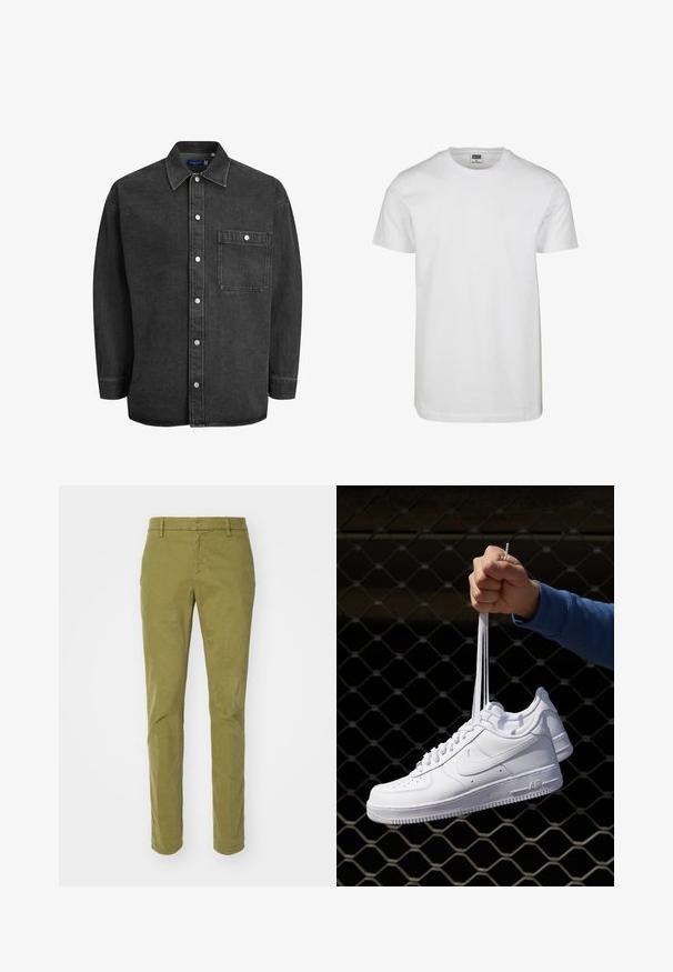 Chemise en denim noir à manches longues, col écarté, fermeture à boutons à l'avant et une poche poitrine. Dotée de boutons-pression en argent et d'une coupe décontractée.; T-shirt en coton blanc avec un décolleté rond, des manches courtes et une coupe décontractée. L'étiquette indique "URBAN CLASSICS." Texture lisse, sans motifs ni accents.; Dondup GAUBERT - Chino - olive; Baskets en cuir blanc avec perforations, à bout rond, semelle plate et lacets épais, arborant un logo swoosh visible et "AIR" sur le talon.