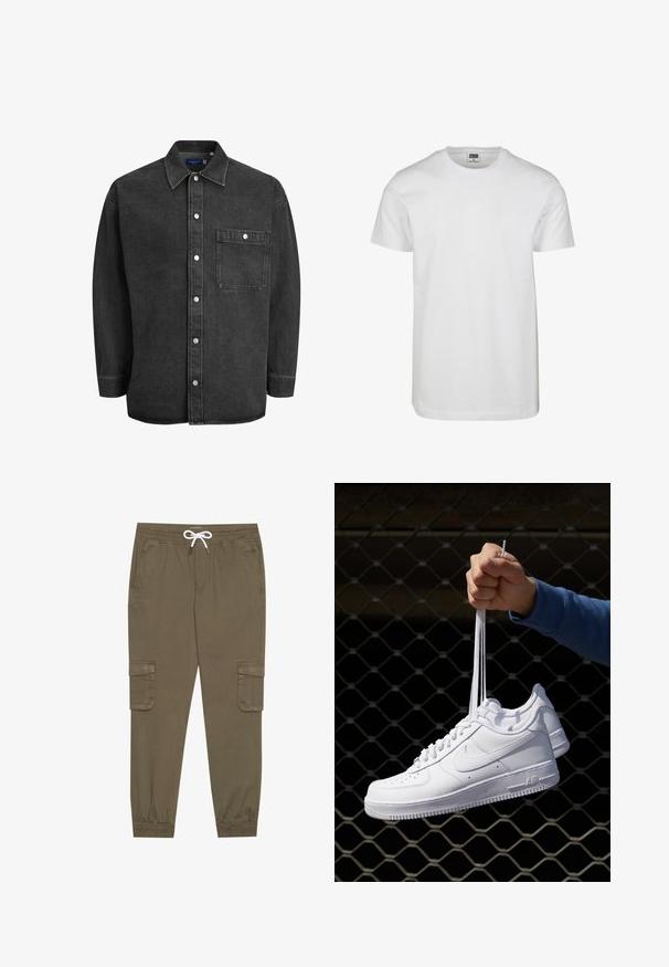 Zwarte denim shirt met lange mouwen, spreidkraag, knopen aan de voorkant en één borstzak. Heeft zilveren drukknoopsluitingen en een relaxte pasvorm.; Witte katoen t-shirt met ronde hals, korte mouwen en een relaxte pasvorm. Etiket zegt "URBAN CLASSICS." Glad textuur, zonder patronen of accenten.; Khaki cargobroek met een elastische tailleband en trekkoord, voorzien van zijzakken en afgeknipte enkels. Gemaakt van een gestructureerd, lichtgewicht materiaal.; Witte leren sneakers met perforaties, ronde neus, vlakke zool en dikke veters, met een zichtbare swoosh-logo en "AIR" op de hiel.