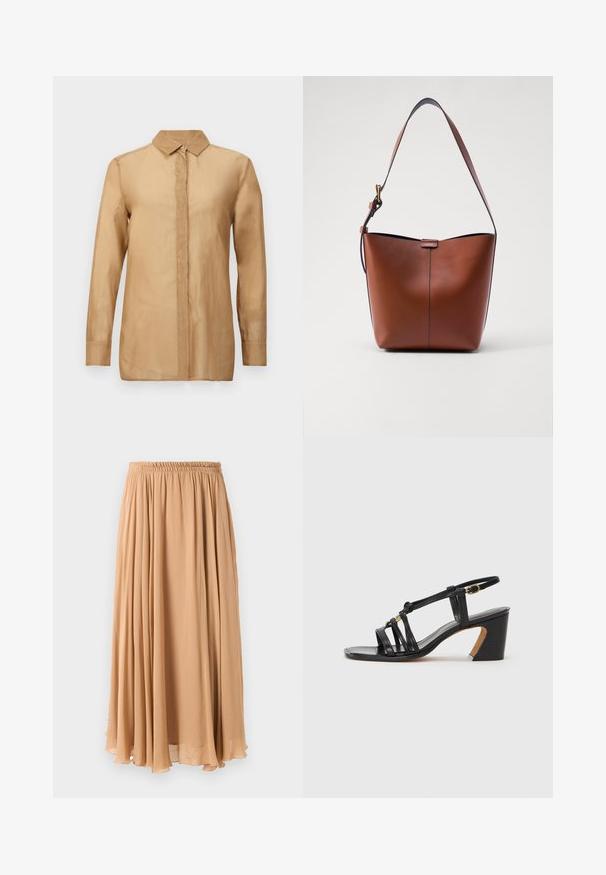 Gaiši brūns, garām piedurknēm, pogājamais krekls ar apkakli, ar gludu tekstūru un taisnu piegriezumu. Vienkāršs, tīrs priekšpuses dizains bez rakstiem.; Maxi svārki gaiši bežā krāsā, izgatavoti no plūstoša auduma. Aprīkoti ar savilktu elastīgu jostas daļu un maigiem krokām kustībai.; Paul Smith AMIRA - Klasiski papēži - black; Brūna ādas plecu soma ar izliekta formu, gludu tekstūru un vienu plānu siksnu. Iekļauj subtilu šuvumu un mazu logotipa detaļu.