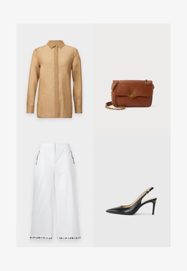 Svetlo rjav, dolg rokav, srajca s kragnjo in gumbi, ki ima gladko teksturo ter ravno prileganje. Preprost, čist sprednji dizajn brez vzorcev.; Bele široke hlače z cvetličnim vezenjem na žepih in robovih. Izdelane iz gladkega materiala, z nevtralnim dizajnom in prilegajočim krojem.; Črne usnjene petke s slingback obliko, ostro konico, nastavljivim trakom in elegantnim stiletto peto, s gladko obdelavo.; Rjava usnjena torba čez ramo s pokrovom, zlatim okovjem in verižnim trakom. Gladka tekstura, pravokotna oblika, minimalno podrobnosti.