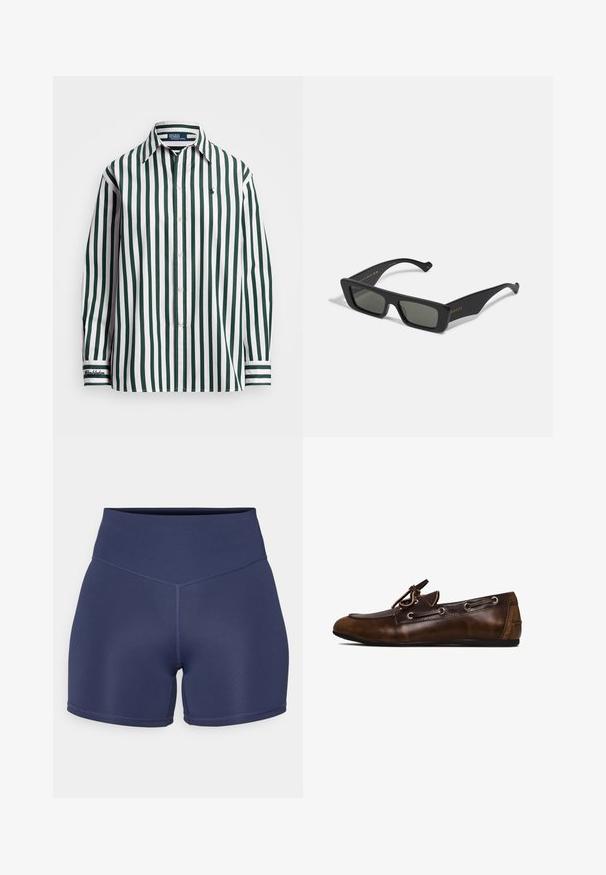 Grün- und weiß gestreiftes Langarmhemd mit Button-Down-Kragen, das eine Logo-Stickerei auf der Brust und einen Akzent am Manschette aufweist.; Dunkelblaue Sportshorts aus dehnbarem Material mit hohem Bund, nahtloser Verarbeitung und taillierter Passform.; Braune Lederloafer mit einer abgerundeten Zehe, Schnürdetails und metallischen Ösen. Glatte Textur mit einem leichten Glanz. Flexible Sohle für Komfort.; Schwarzrechteckige Sonnenbrille mit dunklen Gläsern, aus glattem Kunststoff gefertigt. Verfügt über goldene Schriftzüge an der Seite, elegante Bügel und modernes Design.