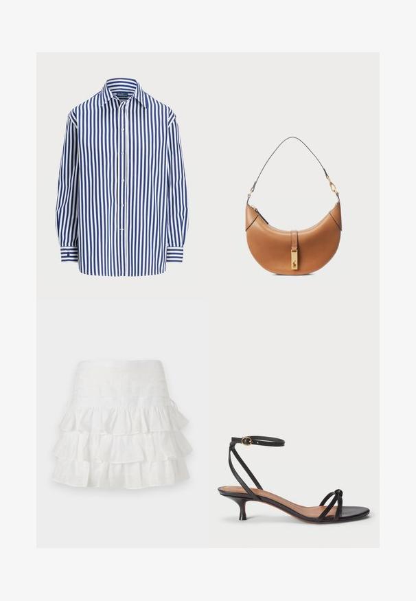 Pruhovaná košile s vertikálními námořnickými a bílými pruhy, s knoflíkovým zapínáním vpředu a klasickým límečkem. Dlouhé rukávy s knoflíkovými manžetami.; sandro JUPE - Minisukně - blanc; Polo Ralph Lauren LEATHER KITTEN-HEEL SANDAL - Klasické lodičky - black; Hnědá kožená kabelka s zakřiveným tvarem, zlatými detaily a tenkým ramenním popruhem. Obsahuje zipové uzavření a logo na přední straně.