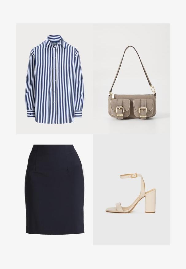 Črtasta srajca z navpičnimi mornarsko modrimi in belimi črtami, spredaj na gumb, s klasičnim ovratnikom. Dolgi rokavi z gumbnimi manšetami.; Mornarska svinčnik krilo izdelano iz gladkega blaga s prilegajočim se silhueto, ki ima sprednje žepe in subtilne šive za prilagojeno strukturo.; Bež visoke sandale s kvadratnim nosom, tankim trakicama okoli gležnja in blok peto. Gladka usnjena tekstura s podrobnostjo v zlati barvi.; Bežna teksturirana torba z nastavljivim trakom, z dvema sprednjima žepoma, zaklenjenima s sponkami, ter z zlatimi kovinskimi dodatki. Zadrga na vrhu.