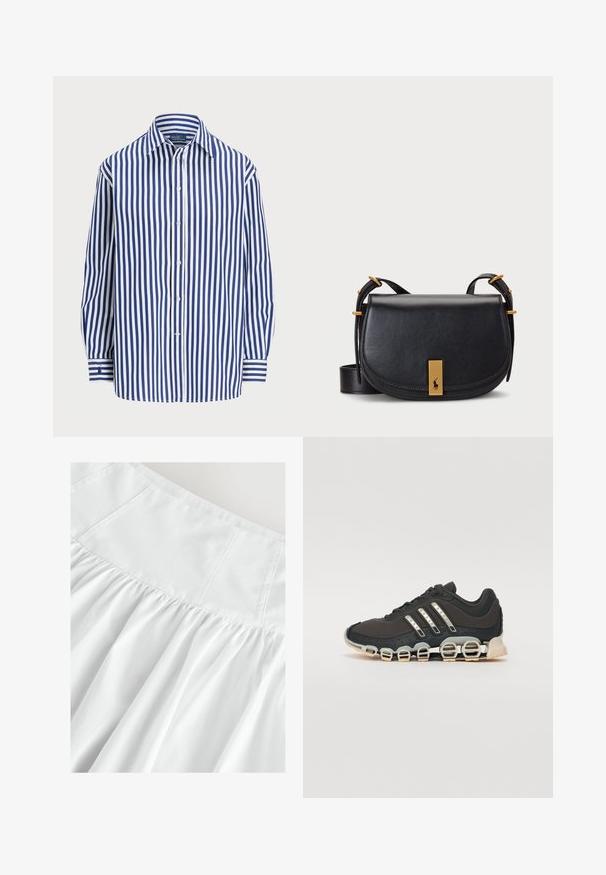 Črtasta srajca z navpičnimi mornarsko modrimi in belimi črtami, spredaj na gumb, s klasičnim ovratnikom. Dolgi rokavi z gumbnimi manšetami.; Bela krila s prilegajočo zgornjo obleko in nabranimi teksturami. Narejena iz lahkega materiala, z diskretnimi šivi in mehkimi, tekočimi draperijami.; Črne športne čevlje z teksturiranim zgornjim delom, tremi srebrnimi črtami in značilno blažilno podplatom, ki vključuje več integriranih delov.; Črna usnjena torbica čez ramo s koničasto obliko, z zlatimi dodatki in sprednjim ploščicnim detajlom s logotipom. Vključena je nastavljiva naramnica.