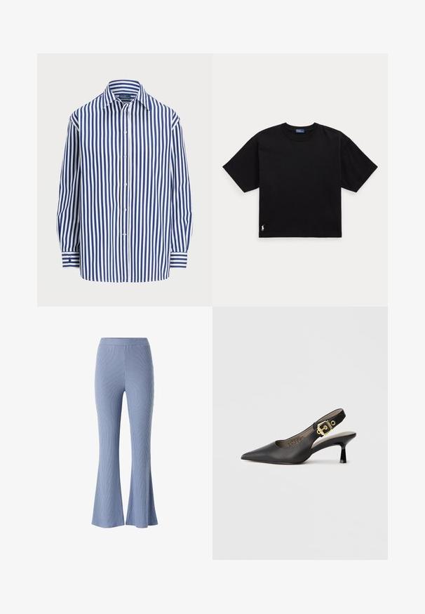 Stribet skjorte med lodrette navy og hvide striber, knaplukning foran og klassisk krave. Lange ærmer med knapmanchetter.; Sort bomulds T-shirt med korte ærmer, rund hals og et lille hvidt logo i nederste venstre hjørne. Klassisk, boxy pasform med minimal detaljering.; Blå ribbede flared bukser med en tætsiddende talje og struktureret stof. Bukserne har en let udvidelse nederst, hvilket fremhæver deres form.; Sort slingback højhælt sko med spids tå, glat læderstruktur og en guldfarvet spændeaccent på remmen.