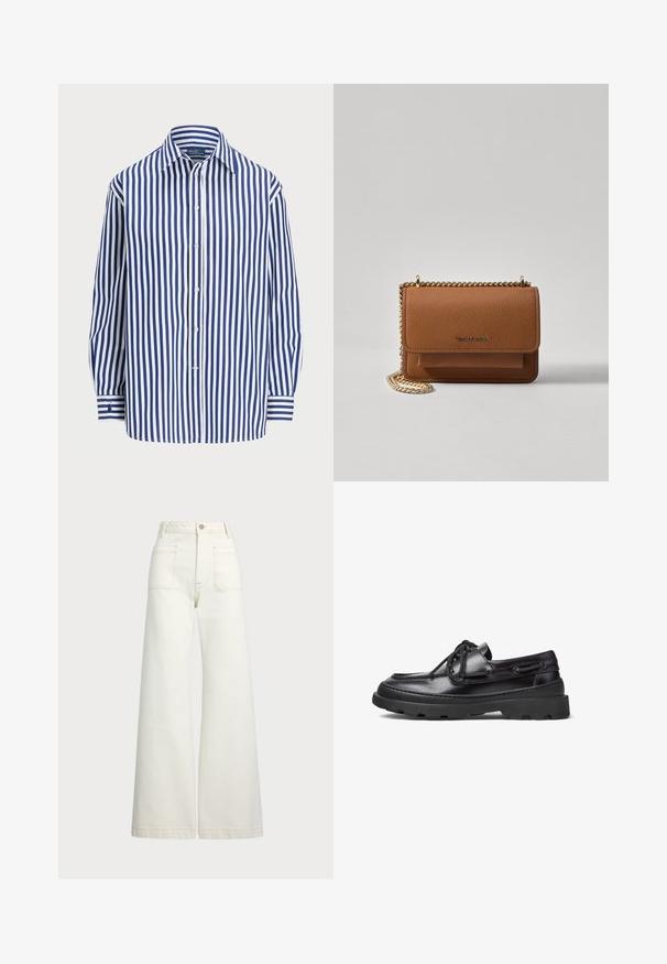 Stripet skjorte med vertikale marineblå og hvite linjer, knappestolpe foran og klassisk krage. Lange ermer med knappemanchetter.; Vidde bukser i off-white denim. Høyt liv-design med knappelukking, to frontlommer og kontrastsøm detaljer.; Sorte lærbåtsko med avrundet tå, snøring, sydde detaljer og en kraftig gummisåle med et strukturert grep.; Brun teksturert lær crossover-veske med gullkjede-stropp og klaffelukking. Fronten har logo-detalj og en lomme under klaffen.