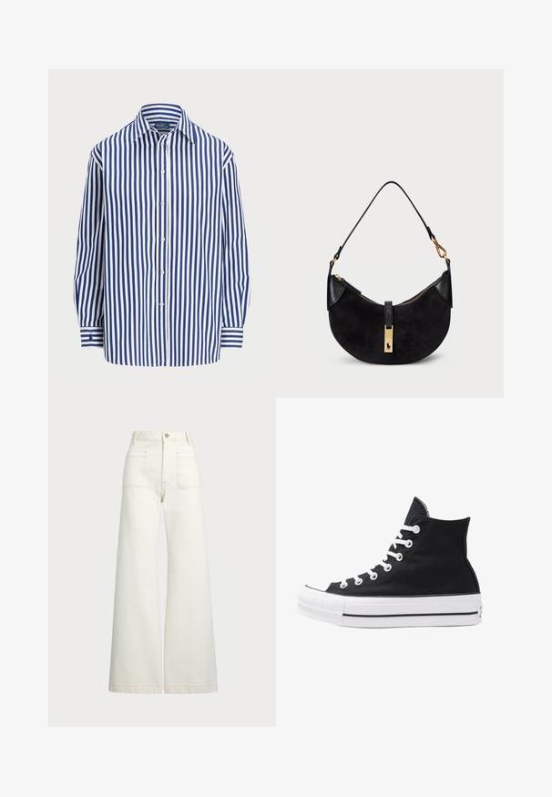 Svītraina krekla ar vertikālām tumši zilām un baltām svītrām, pogājama priekšpuse un klasiskā apkakle. Garas piedurknes ar pogu aprocēm.; Platās kājas džinsi off-white denima. Augsta jostasvieta ar pogu aizdari, divas priekšējās kabatas un kontrastējošas šuvju detaļas.; Augstie melnie kanvas sporta apavi ar baltām acs caurumiem, auklām un gumijas zoli. Iespējamais teksturēts purngals un melnbaltas svītras.; Melnā rokas soma ar izliekta formu, izgatavota no zamšādas un ādas, ar zelta toņa rāvējslēdzēju un logo detaļu. Iekļauta īsā rokturi.