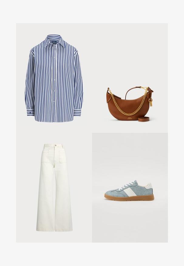 Gestreiftes Hemd mit vertikalen dunkelblau-weißen Linien, Knopfleiste vorne und klassischem Kragen. Lange Ärmel mit Knopfmanschetten.; Weite Jeans aus off-white Denim. Hoch tailliertes Design mit Knopfverschluss, zwei Fronttaschen und kontrastierenden Stickdetails.; Denim-Canvas-Sneaker mit hellblauem Obermaterial, weißem Seitenstreifen und Gummisohle. Ausstattung mit weißen Schnürsenkeln und gepolstertem Schaft.; Braune Lederhandtasche mit geschwungenem Design, goldener Kettenriemen, Innentasche und abnehmbarem Schulterriemen. Mit kontrastierenden Nähten.