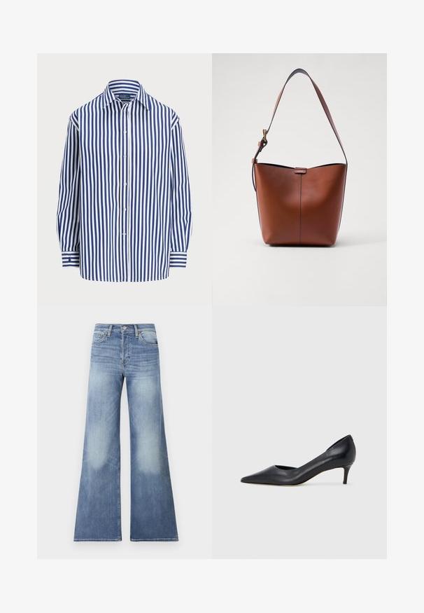 Rö stripiga särki, kus on vertikaalsed tumesinised ja valged triibud, nööpidega esiosa ja klassikaline krae. Pikad varrukad, millel on nööp-kätised.; Heled sinised denim laiad püksid kõrge vöökohaga, millel on pleekinud detailid ja õmmeldud aktsendid, kujundatud lõdva istuvusega.; Mustast nahast kontsakinga terava ninaga ja madala kontsaga. Omadused on sile pind ja peen läige. Esiosal on avatud lõige, mis lisab detaili.; Pruun nahast õlakott, millel on kaarjas kuju, sile tekstuur ja üks õhuke rihm. Omab peent õmblust ja väikest logo detaili.