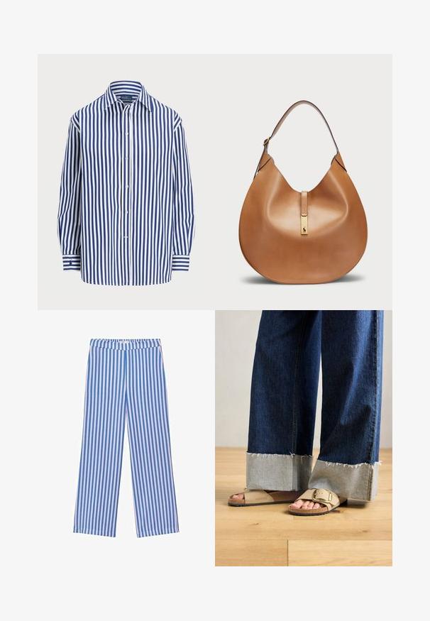 Chemise rayée avec des lignes verticales bleu marine et blanches, un devant à boutons et un col classique. Manches longues avec des poignets à boutons.; Pantalons larges à rayures bleues et blanches avec une taille élastique, fabriqués en tissu doux, présentant des rayures verticales de différentes largeurs.; Des pieds portant des sandales Birkenstock beiges avec des boucles dorées, associées à un jean en denim bleu foncé retroussé aux chevilles, posés sur un sol en bois.; Sac à main en cuir tan avec une forme courbée et une large bandoulière. Présente un accent en métal doré au centre et une texture lisse.