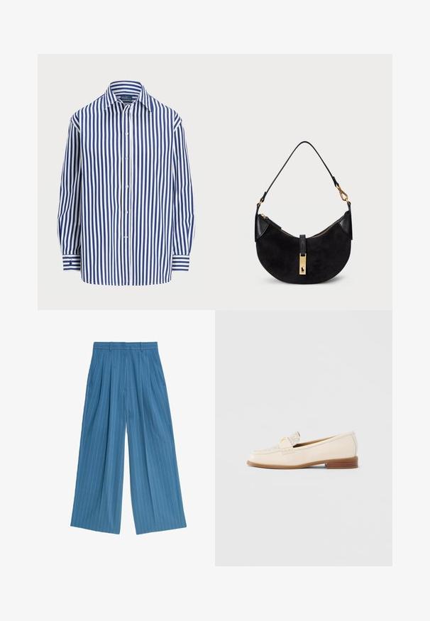 Camisa a rayas con líneas verticales en azul marino y blanco, con cierre de botones en el frente y un cuello clásico. Mangas largas con puños de botón.; Pantalones de pierna ancha azules con rayas blancas verticales, con pliegues frontales y bolsillos laterales, fabricados en un tejido suave.; Mocasín de cuero beige con parte superior texturizada, banda decorativa y tacón pequeño. Presenta un diseño minimalista y un detalle sutil del logo.; Bolso negro con forma curva, hecho de ante y cuero, con cremallera de tono dorado y detalle de logo. Incluye un asa corta.