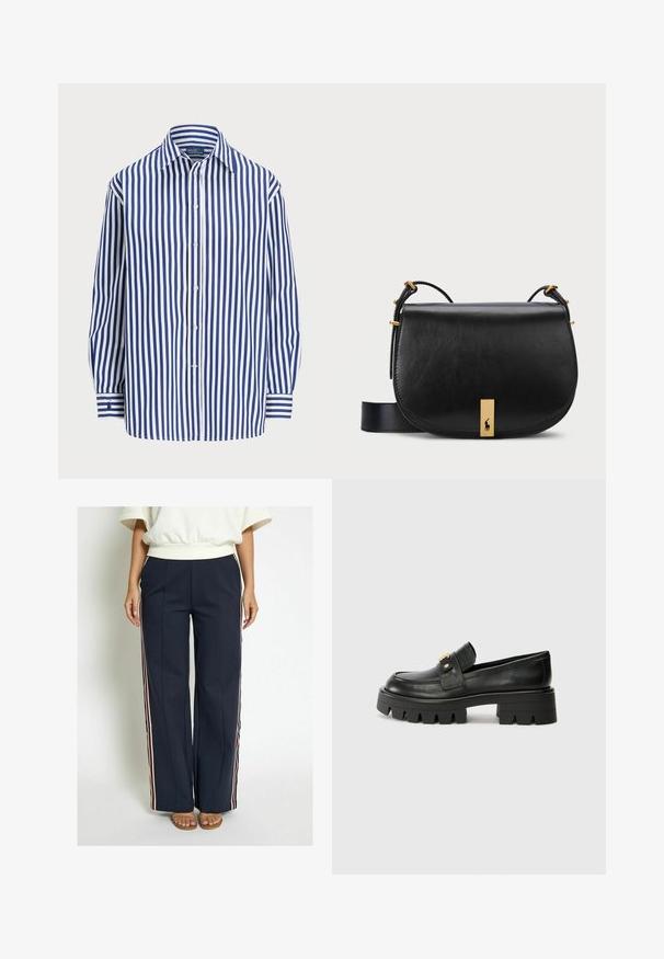 Dryžuotas marškinys su vertikaliomis tamsiai mėlynomis ir baltomis linijomis, su sagomis priekyje ir klasikiniu apykaklės dizainu. Ilgos rankovės su mygtukais ant rankogalių.; Jūrų laivyno plačios kojų kelnės, pagamintos iš lygaus audinio, su šoninėmis juostelėmis raudonos, baltos ir mėlynos spalvų. Išskirtinės su priekiniais raukiniais.; Juodi odiniai loafers batai su masyviu padu, papuošti auksiniu akcentu priekyje ir lygiu paviršiumi. Masyvi protektoriaus dizaino išvaizda padais.; Juodas odinis krepšys per petį su auksinės spalvos metaliniais akcentais ir reguliuojama juosta, turintis lygią tekstūrą ir išlenktą formą.