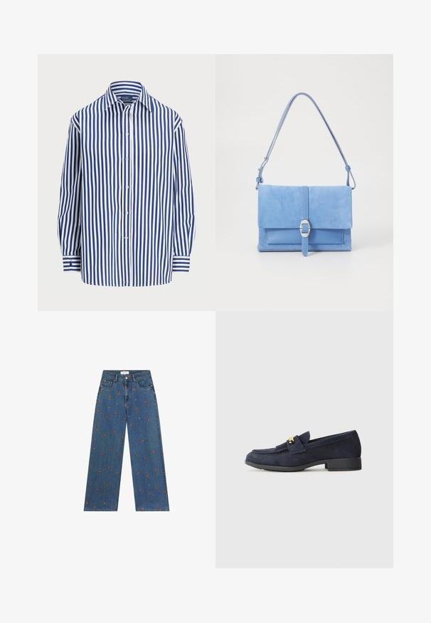Stribet skjorte med lodrette navy og hvide striber, knaplukning foran og klassisk krave. Lange ærmer med knapmanchetter.; Bredde ben blå denim jeans med broderede blomster mønstre i orange og hvid, der har en knaplukning og forlommer.; Marineblå ruskind loafers med en lav sort hæl, der har en dekorativ detalje i guld foran og en rund tådesign.; Blå ruskinds håndtaske med en glat læderbund, fold-over flap, sølvspænde detaljer og en lang justerbar rem.