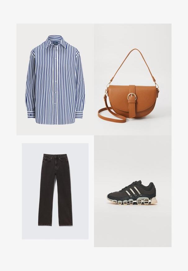 Csíkos ing, amely függőleges tengerészkék és fehér vonalakkal rendelkezik, gombos elejével és klasszikus gallérral. Hosszú ujjai gombos mandzsettával záródnak.; Fekete farmernadrág egyenes szárú, öt zsebes kialakítással és gombos záródással. Jellemző textúra- és varrásszélesség részletek láthatók.; Fekete sportcipő texturált felsőrésszel, három ezüst csíkkal, és egy jellegzetes párnázott talppal, amely több integrált szakaszból áll.; Barna bőr keresztbody táska ívelt formával, aranyszínű fémrészekkel és csat díszítéssel. Levehető vállpánttal rendelkezik.