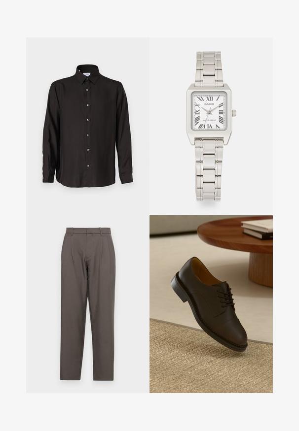 Černá dlouhá košile s dlouhým rukávem vyrobená z hladkého materiálu, s knoflíkovou přední částí, špičatým límcem a zaobleným lemem s kontrastními knoflíky.; Jack & Jones JPSTBILL JJDAYTONA WIDE - Kalhoty - pavement; Hnědé kožené společenské boty s texturovaným svrškem, šněrovacím designem, kontrastním prošíváním a odolnou gumovou podrážkou, vznášející se nad tkaným kobercem.; Stříbrné kovové náramkové hodinky se čtvercovým pouzdrem, bílým ciferníkem, římskými číslicemi a stříbrným náramkem z článků. Obsahují vodotěsný design.