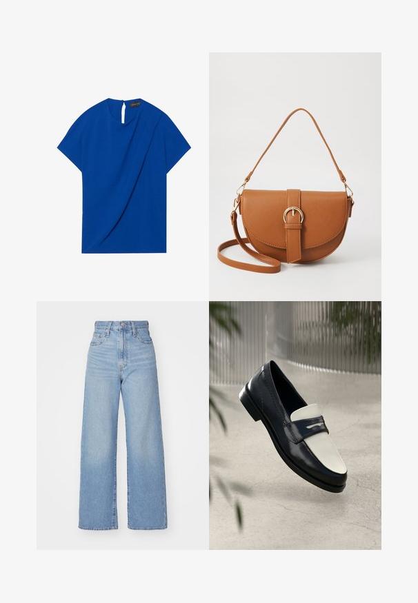 Blue short-sleeve top with a draped design and a keyhole back detail. Made from a textured fabric for added dimension.; Light blue wide-leg jeans made of denim. Features high waist, five-pocket design, and a button closure. Straight cut with a clean hem.; Black and white leather loafer shoe with decorative stitching, floating above a concrete floor with blurred plants in the background.; Brown leather crossbody bag with a curved shape, gold hardware, and a buckle accent. Features a detachable shoulder strap.