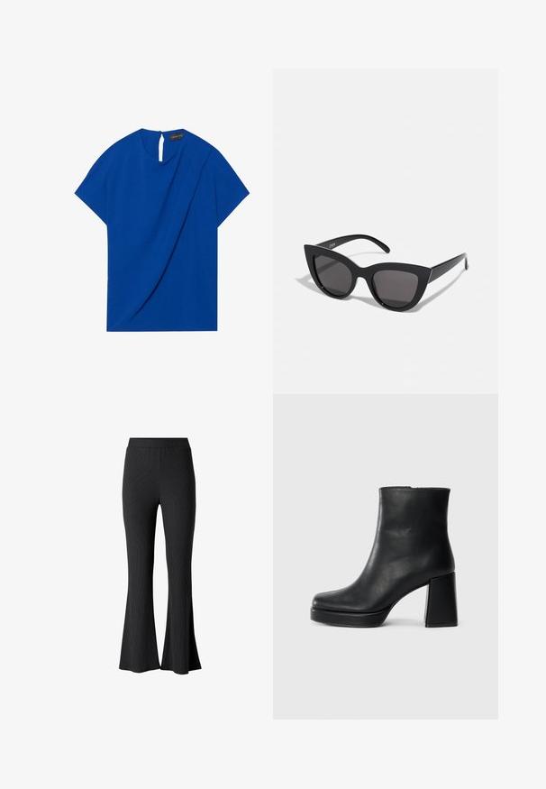Blauwe top met korte mouwen, met een gedrapeerd ontwerp en een sleufdetail aan de achterkant. Gemaakt van een structuurstof voor extra dimensie.; Zwarte geribde flared broeken met een comfortabele tailleband, met een gestructureerd oppervlak en een brede pijpopening.; Zwarte leren enkelboot met een blokhak en platformzool, zijaanzicht op een effen witte achtergrond.; Zwarte cat-eye zonnebril met een matte afwerking, voorzien van grijs getinte glazen, scherpe hoeken en slanke zijarmen. Merkennaam zichtbaar op de binnenarm.