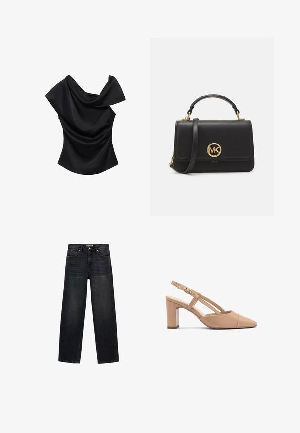 Čierny top s odhalenými ramenami, so jemným a splývavým výstrihom, priliehavým strihom a hladkou textúrou. Obsahuje zberané detaily na bočnej šve.; Čierne široké džínsy vyrobené z denimu. S piatimi vreckami, zipsom a gombíkovým zapínaním a s jemným vyblednutím na prednej strane.; Béžové kožené sandále na podpätku s špicatou špičkou, blokovým podpätkom a pásikom s malou zlatou prackou. Hladká textura, minimalistický dizajn.; Čierna kožená kabelka so štruktúrovaným dizajnom, s zlatým kruhovým logom, horným uchom a odnímateľným ramenným popruhom.; Zlaté obdĺžnikové hodinky s bielym ciferníkom, minimalistické hodinové značky a kovový sieťovaný remienok. Obsahuje bočný korunku na nastavenie času.