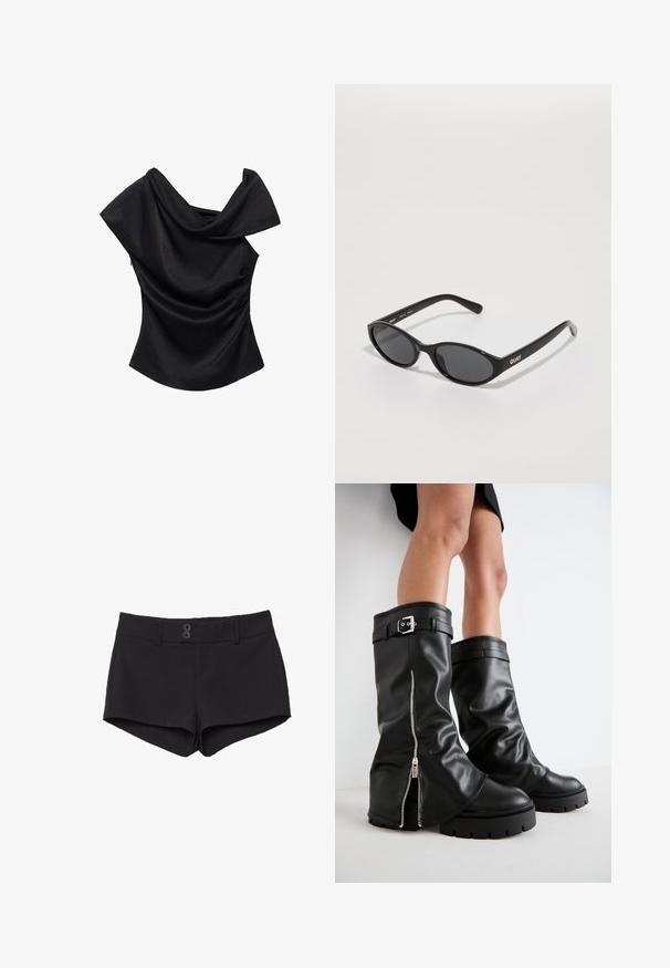 Čierny top s odhalenými ramenami, so jemným a splývavým výstrihom, priliehavým strihom a hladkou textúrou. Obsahuje zberané detaily na bočnej šve.; Čierne šortky vyrobené z látky s hladkou textúrou. Majú pás, dve predné vrecká a dva čierne gombíky na prednej strane.; Čierne kožené vysoké čižmy po kolená s širokým nohavičkou, so bočným zipsom a detailom s prackou, štruktúrovaným povrchom a robustnou gumovou podrážkou.; Čierne slnečné okuliare s okrúhlymi sklenými šošovkami, lesklý plastový rám a logo "QUAY" v zlatej farbe na boku. Obsahujú tmavo zatienené sklá.