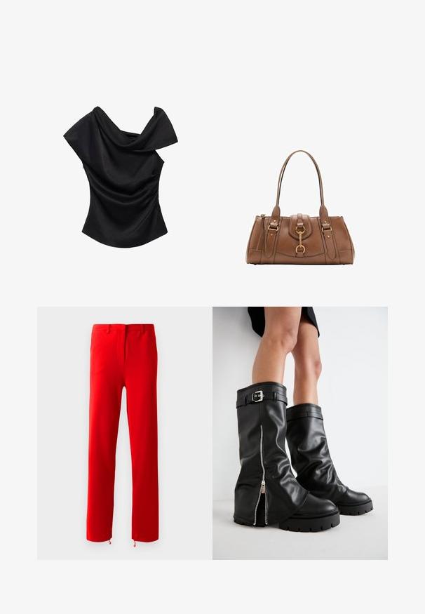 Črn off-shoulder top z draperijskim okvirom, prilegajoče oblike in gladko teksturo. Ima nabran detajl na stranski šiv.; Rdeče hlače iz gladkega, elastičnega materiala. Imajo raven sprednji del z skritim zadrgo, ravne noge in nastavljive zanke na robovih.; Črne usnjene škornje do kolen s širokim zgornjim delom, ki imajo stransko zadrgo in dekorativno sponko, teksturirano površino ter masiven gumijast podplat.; Rjava usnjena torba z dvema ročajema, zlatimi kovinskimi detajli in strukturirano zasnovo. Ima osrednjo preklopno zanko z detajlom zanko.
