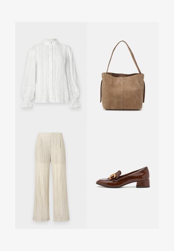Blusa blanca de botón con cuello voluminoso, rayas verticales y tejido texturizado. Presenta mangas abullonadas con elástico y adornos de encaje.; Pantalones de pierna ancha color crema con una tela texturizada. Presenta pliegues y una cinturilla suave. Sin bolsillos visibles ni adornos.; Mocasines de cuero marrón con un acabado brillante, que presentan una hebilla decorativa dorada en la parte frontal y un tacón bajo tipo bloque. Diseño clásico.; Bolso tote de ante marrón con una textura suave, parte superior abierta y una sola correa de hombro. Presenta un acabado liso y un diseño minimalista.