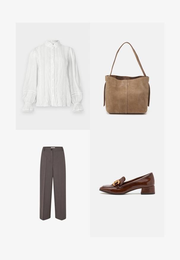 Chemisier blanc à col volants, à rayures verticales et en tissu texturé. Présente des manches bouffantes élastiques avec une bordure en dentelle.; Pantalons marron taille haute à jambes larges, avec des plis avant, passants de ceinture, fermeture à bouton et une texture de tissu lisse.; Mocassins en cuir marron avec une finition brillante, dotés d'une boucle décorative en or à l'avant et d'un talon bas. Design classique.; Sac fourre-tout en daim marron avec une texture douce, une ouverture en haut et une seule sangle pour l'épaule. Présente une finition lisse et un design minimaliste.