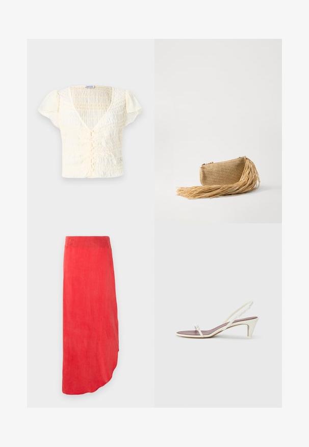 Cremfarbener Kurzarmtop mit geraffter Textur, V-Ausschnitt und Knopfverschluss. Leichtes Material mit dezenten Puffärmeln.; Roter, knöchellanger Rock aus einem glatten, leichten Stoff. Verfügt über einen geschwungenen Saum und ist einfarbig ohne sichtbare Muster oder Verzierungen.; Weiße Slingback-Sandalen mit einem leichten Absatz, dünnen Riemen und einer glatten Ledertextur; verfügen über eine kleine dekorative Schnalle.; Cult Gaia VIERA - Clutch - natural; Ein Paar unregelmäßige, oval geformte Ohrringe aus goldfarbenem Metall mit einer strukturierten, leicht gehämmerten Oberfläche auf weißem Hintergrund.