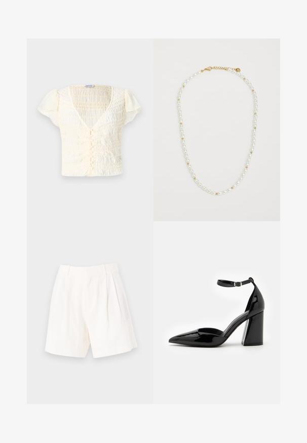 Kreminės spalvos trumpomis rankovėmis palaidinė su raukiniais, V formos iškirpte ir mygtukų užsegimu. Lengvas audinys su subtiliomis pūsto tipo rankovėmis.; Balti lininiai šortai su pritaikytu siluetu, turintys raukinį detalių, lygią tekstūrą ir švarią, tiesią briauną.; Juodas lakinės odos aukštakulnis batelis su smailiu pirštu, kulkšnies dirželiu ir plačiu bloku, užtikrinančiu stabilumą, su lygiu blizgiu paviršiumi.; Perlų kaklo papuošalas, sudarytas iš pakaitomis baltų ovalių perlų ir mažų auksinių karoliukų, su auksiniu sagtimi užsegimui. Bendras paviršius yra lygus.