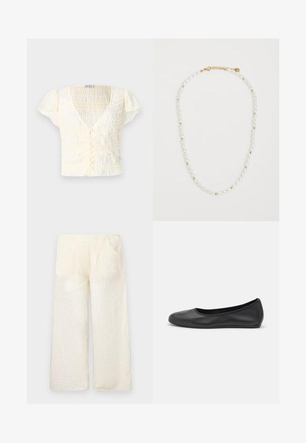 Tej színű, rövid ujjú felső, gumis textúrával, V-nyakkal és gombos záródással. Könnyű anyag, diszkrét puffos ujjal.; Könnyű, krémszínű, bővített nadrág, texturált rácsos mintával és két oldalsó zsebbel, laza fittel és puha anyaggal.; Fekete bőr balettcipő lekerekített orral, sima tekstúrával, minimális varrással és rugalmas talp kialakítással.; Gyöngy nyaklánc, váltakozó fehér ovális gyöngyökkel és kis arany gyöngyökkel, arany záródással. Az egész sima textúrájú.