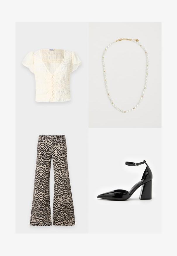 Kreemivärvi lühikeste varrukatega särk, millel on smock-kude, V-kaelus ja nööpkinne. Kerge kangas koos peente volangvarrukatega.; Laiad püksid, mis on valmistatud beeži ja musta zebra mustriga kangast, millel on kõrge talje ja traditsiooniline viie tasku disain.; Must mustakas nahkking kõrgendatud kontsaga king, millel on terav varvas, pahkluu rihm ja lai blokknokk stabiilsuse tagamiseks, silmapaistva läikiva tekstuuriga.; Pärlite kaelakee, kus vahelduvad valged ovaalsed pärlid ja väikesed kuldsed helmed, millel on kuldne lukk. Üldine pind on sile.