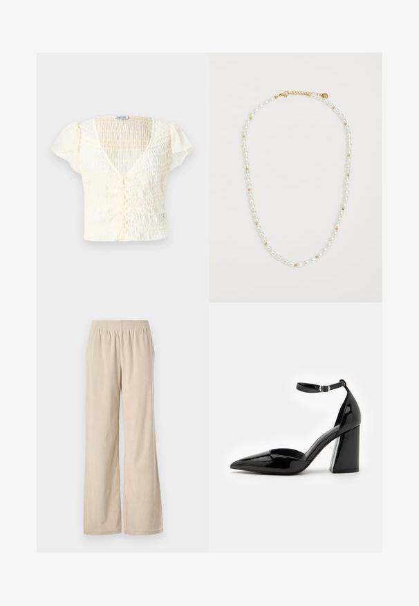 Haut à manches courtes crème avec une texture froncée, encolure en V et fermeture à boutons. Tissu léger avec de subtils volants aux manches.; Pantalons larges en velours côtelé beige avec une taille élastique et une texture à côtes verticales, présentant un ourlet qui s'évase doucement au bas.; Chaussure à talon haut en cuir verni noir avec un bout pointu, une bride de cheville et un large talon bloc pour la stabilité, présentant une texture lisse et brillante.; Collier en perles de culture avec des perles ovales blanches alternées et de petites perles dorées, doté d'un fermoir en or. Texture lisse dans l'ensemble.