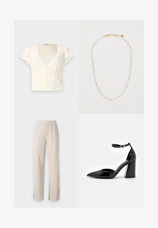 Krémový top s krátkým rukávem a smockovanou texturou, s výstřihem do V a zapínáním na knoflík. Lehký materiál s jemně nabíranými rukávy.; Béžové kalhoty širokého střihu s vertikálními námořnickými pruhy, mají elastický pas a volný střih. Měkká látka s jemnou texturou.; Černá lakovaná vysoká bota na podpatku s úzkým špičatým nosem, zapínáním kolem kotníku a širokým blokovým podpatkem pro stabilitu, s hladkým lesklým povrchem.; Perlový náhrdelník s alternujícími bílými oválnými perlami a malými zlatými korálky, vybavený zlatým zapínáním. Celkově hladký povrch.