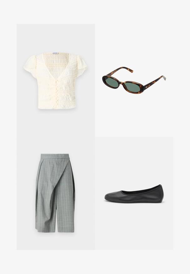 Kreminės spalvos trumpomis rankovėmis palaidinė su raukiniais, V formos iškirpte ir mygtukų užsegimu. Lengvas audinys su subtiliomis pūsto tipo rankovėmis.; Pilki languoti kelniai, pritaikyti pagal figūrą. Yra raukšlėta detalė, kontrastingi vertikalūs raštai ir plokščias liemuo.; Juodai odiniai baletai su apvaliu pirštu, lygi texture, minimalus siuvimo detales ir lanksčiu padų dizainu.; Žvyneliai akiniai su ovaliais rėmeliais ir žaliais objektyvais. Siūlo plonas šakes su metaliniu akcentu prie vyrų.; Juodas sintetinės medžiagos petinės rankinės su lenkta siluetu, tekstūruota apdaila, auksiniu trikampiu logotipu ir nuimamais aksesuarais.