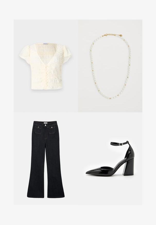 Tej színű, rövid ujjú felső, gumis textúrával, V-nyakkal és gombos záródással. Könnyű anyag, diszkrét puffos ujjal.; Kibővített, sötét farmernadrág magas derékkal, két elülső zsebből és narancssárga varrással. Az anyag szilárdnak és simának tűnik.; Fekete patent bőr magassarkú cipő hegyes orral, bokapánttal és széles blokk talppal a stabilitás érdekében, sima, fényes textúrával.; Gyöngy nyaklánc, váltakozó fehér ovális gyöngyökkel és kis arany gyöngyökkel, arany záródással. Az egész sima textúrájú.