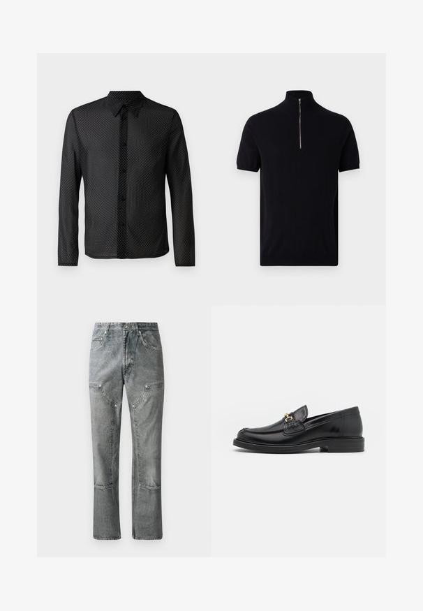 Černá košile s designem na knoflíky, dlouhými rukávy a bílým puntíkovaným vzorem, vyrobená z lehké, průsvitné tkaniny.; Ron Dorff Triko s potiskem - black; Šedé džíny z denimu se rovným střihem, s předními kapsami, viditelným šitím a vybledlým povrchem. Materiál má hladkou texturu.; Černé kožené mokasíny s zaoblenou špičkou, vyznačující se zlatými kovovými detaily a prošíváním, umístěné na nízké, texturované gumové podrážce.