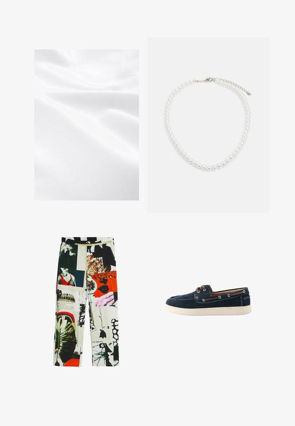Valge riie, millel on sile tekstuur, näidates kortse ja peent läiget, mis viitab kergele ja pehmele materjalile.; Mustrilised püksid, millel on kollaaž pilte, värve ja tekstuure, sealhulgas rohelust, graafikat ja julgeid aktsente. Paelaga vöökoht.; Tumesinised paadisandaalid, mis on valmistatud kangast, valgete õmblustega ja kummist tallaga. Omavad pruune nööre ja augukesi. Ümar varvaste disain.; Valge pärlkaelakee, millel on ühtlane ümar kuju, sile pind ja metallist kinnitusbüts koos pikendusahelaga reguleeritava pikkuse jaoks.