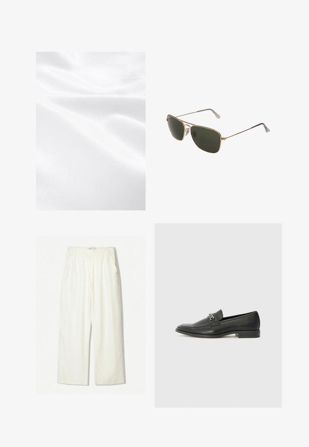 Witte stof met een gladde textuur, die plooien en een subtiele glans vertoont, wat duidt op een lichtgewicht en zacht materiaal.; Witte wijde broekspijpen gemaakt van een lichtgewicht stof. Bevat een elastische tailleband en zijzakken, met een zachte, licht gestructureerde afwerking.; Zwarte leren instapper met een gladde afwerking, voorzien van een gestikt ontwerp en een decoratieve metalen kettingaccent over de wreef. Platte hak.; Gouden metalen aviator zonnebril met grote donker groene lenzen, voorzien van een dunne rand en transparante neuspads voor comfort.