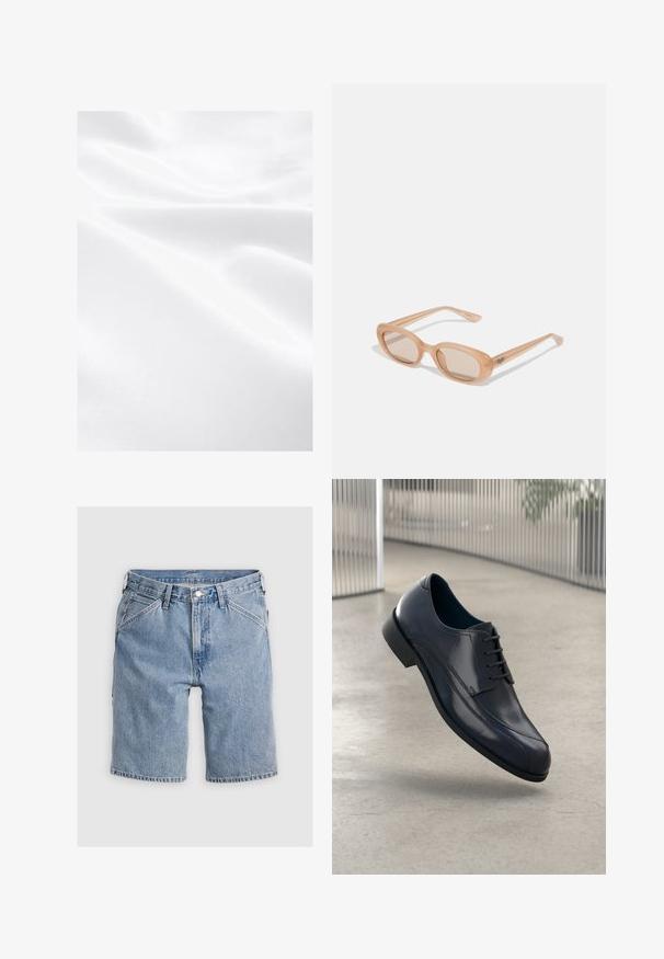 Vitt tyg med en slät textur, visar veck och subtil glans, vilket indikerar ett lätt och mjukt material.; Ljusblå denimshorts med en klassisk passform. Har knappstängning, bälteshällor och sidofickor. Sömmen är fållad med lätt blekning.; Glansig svart läderklädd sko med snörning, svävande över ett slätt, ljusgrått golv och vertikala metallstänger i bakgrunden.; Solsäkra glasögon med en genomskinlig ljusbrun ram, ovala linser och smala skalmar med ett subtilt ingraverat logotyp. Matt finish med minimalistisk design.