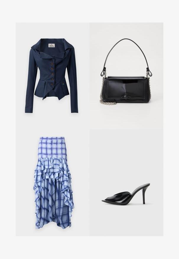 Jūrinė striukė su dideliu apykakle, ilgomis rankovėmis, priekiniais mygtukais, peplum apdaila ir maža siuvinėta detale šalia liemens. Tekstūruota medžiaga.; Mėlynos languotos sijonas su sluoksniuotomis raukšlėmis, turintis įvairias mėlynos spalvos atspalvius ir mėlynai-baltos langeliais raštus. Lengva medžiaga, kulkšnių ilgio dizainas.; Juodos odinės aukštakulnės mules su atvira pirštine, smailiu dizainu, lygiu paviršiumi ir plonu stiletto kulnu.; Juodas lakinės odos rankinės ilgis stačiakampis, su grandinėlės dirželiu ir išskirtiniu metaliniu akcentu centre. Lygus paviršius.