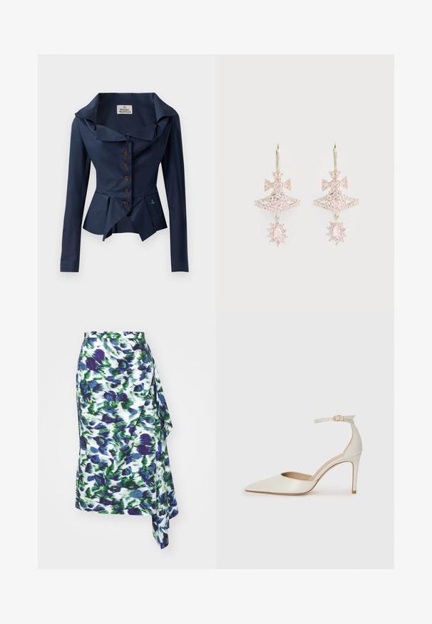 Mornarska jakna z velikim ovratnikom, dolgimi rokavi, sprednjimi gumbi, peplum robom in majhnim vezenim detajlom blizu pasu. Teksturirana tkanina.; Rožnata obleka v beli barvi, ki ima modre in zelene madeže, mehak material, asimetrični rob in drapirani detajl ob strani.; Bela usnjena čevlja na visoki peti z ozkim prstom, trakom okoli gležnja in tanko stiletto peto. Gladka tekstura z rahlim sijočim finišem.; Roza dragulji uhani z oblikovanjem v obliki mašne, z večplastno strukturo in bleščečimi poudarki; kovinska oprema ohranja poliran videz.