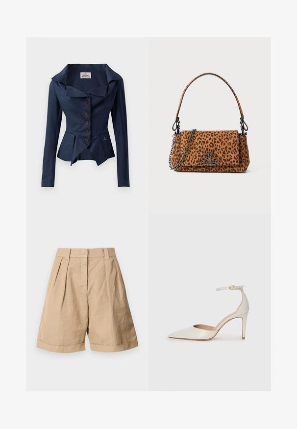 Giacca navy con colletto oversize, maniche lunghe, bottoni frontali, orlo a peplo e piccolo ricamo vicino alla vita. Tessuto testurizzato.; Pantaloni pantaloni beige in lino con vita alta, due pieghe frontali e polsini arrotolati. Tessuto morbido con un design sartoriale.; Scarpa col tacco alto in pelle bianca con punta affusolata, cinturino alla caviglia e tacco a stiletto sottile. Texture liscia con una finitura leggermente lucida.; Borsa a tracolla con stampa leopardata, realizzata in suede, con una maniglia corta, una tracolla a catena e una chiusura in metallo nero. Forma rettangolare con chiusura a patta.