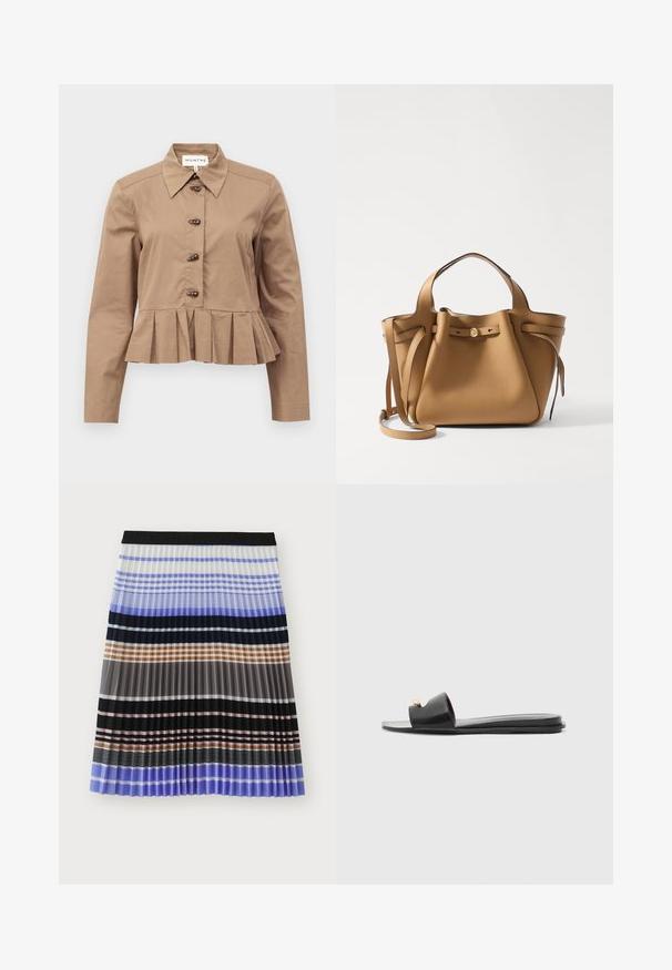 Blusa in cotone marrone con maniche lunghe, orlo a peplo e colletto. Presenta cinque bottoni scuri sul davanti. Texture liscia.; MUNTHE MARMING - Gonna a campana - multi-coloured; Infradito neri con una parte superiore ampia, texture in pelle liscia, design con punta aperta e dettaglio in oro sulla cinghia. Suola piatta.; Tory Burch ROMY PEBBLED SATCHEL - Borsa a mano - tiramisu
