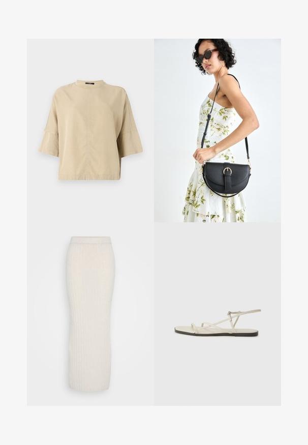 Beige, rövid ujjú felső magas nyakkal, laza szabással és finom varrási részletekkel elöl. Simán, könnyű anyagból készült.; ONLY Tall ONLJEANETT LIFE LONG SKIRT - Maxi szoknya - birch melange; Beige lapos szandál, amelyet több vékony pánt díszít, és állítható csattal rendelkezik. A talpa lapos, az élein enyhe sötét kontraszttal.; Fekete bőrtáska ívelt formával, levehető pánttal és arany színű fémrészekkel. A táskán egy csattal díszített fedél található.