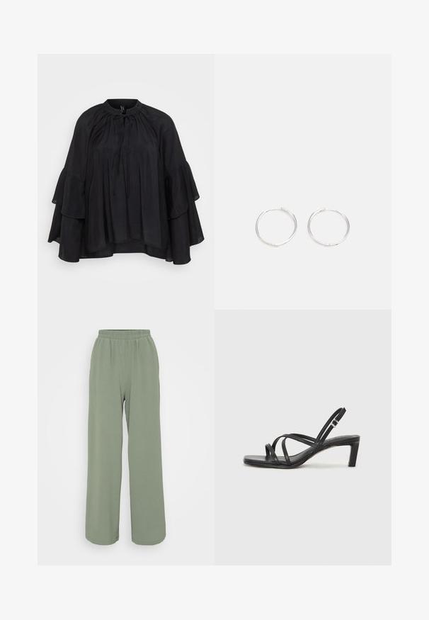 Fekete blúz kerek nyakkivágással, zsinóros részletekkel és réteges, harang hosszú ujjakkal. Könnyű, puha anyagból készült.; Világos zöld, bőszárú nadrág, elasztikus derékpánttal, textúrált anyagból készült. Puha esést és laza illeszkedést kínál.; Fekete pántos szandál négyzetes orral és alacsony blokk sarkal. Több vékony pánttal és állítható boka pánttal rendelkezik. Sima bőrből készült.; Ezüst karika fülbevalók, letisztult, kerek formával, sima felülettel és látható díszítés nélkül. A átmérő nem megadott.