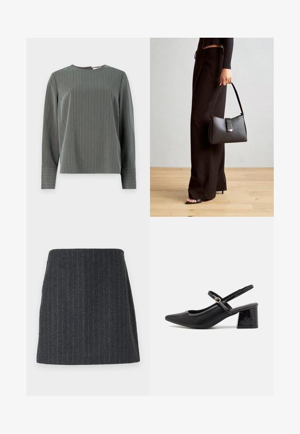 Haut à manches longues gris rayé avec un col rond et une coupe décontractée. Des rayures verticales en gris clair contrastent avec la texture de tissu plus foncé.; Jupe mini grise foncée en tissu texturé avec des rayures verticales. Coupe droite avec une taille élastique et une finition lisse.; Escarpins slingback en cuir verni noir avec un embout pointu, un design à découpes arrondies et un talon carré. Présente un accent de boucle en ton doré.; Sac à main noir à la forme structurée, texture lisse et fermoir métallique. Associé à un pantalon noir ample et des sandales ouvertes sur un sol en bois.