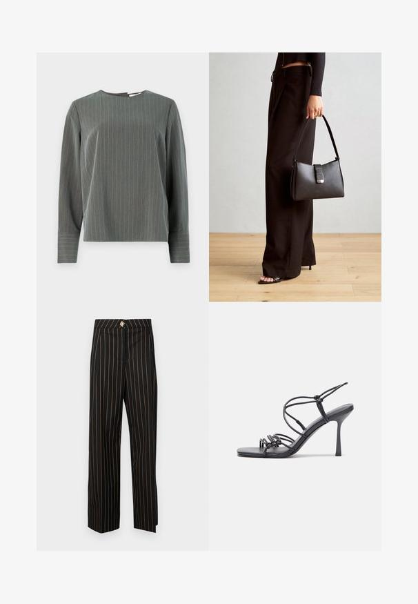 Hallitustriibuline pika varrukaga pluus ümara kaelusega ja lõdvema istuvusega. Helehallid vertikaalsed triibud kontrasteerivad tumedama kangaga.; Mustad kõrge vöökohtadega püksid, millel on oranž vertikaalne triip, sirge lõige ja dekoratiivne kangast kaetud nupp vöökohtadel.; Mustad musta värvi kontsandaalid on varustatud peente rihmadega, millel on sõlmekujundus, siledad ruudukujulised varbad ja stiilne stilettokonts.; Must musta kott, millel on struktureeritud kuju, sile tekstuur ja metallist klamber. Kombineeritud laiate mustade pükstega ja avatud varvaste sandaalidega puidust põrandal.